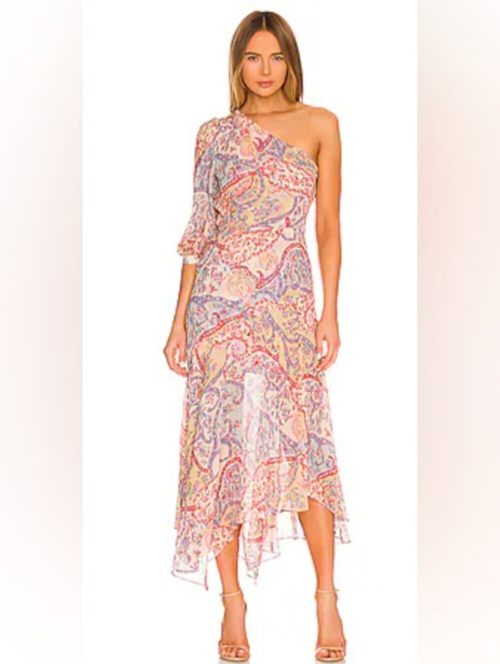 Veronica Beard One-Shoulder Paisley Midi Dress in Pink and Yellow